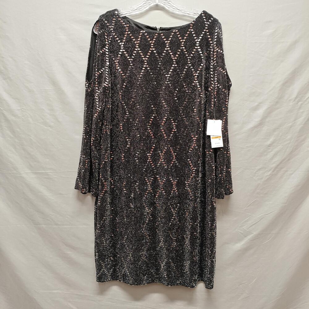 J Howard Dress Womens 16W Black Silver Sequin Cold Shoulder Party Cocktail